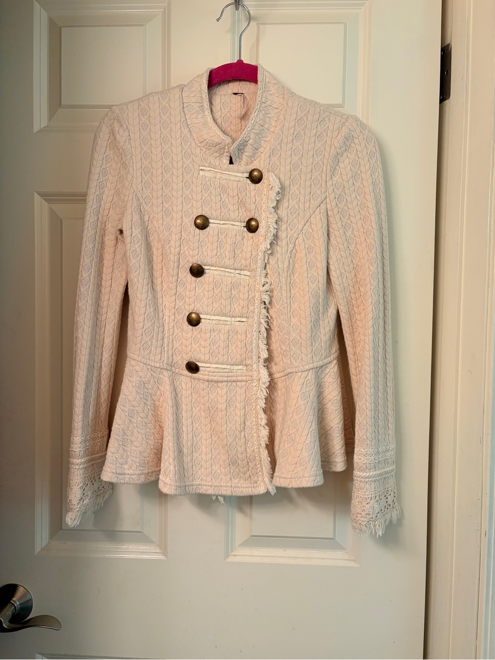 Free People Cream Knit Military-Style Peplum Jacket - Missing Buttons